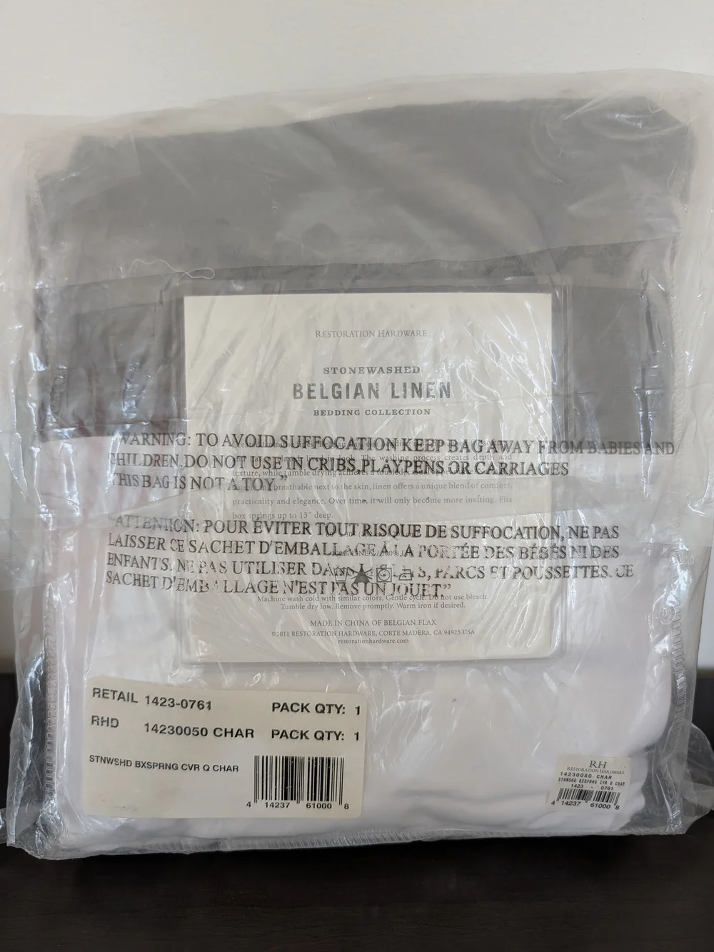 NIB Restoration Hardware Stonewased Belgian Linen Box Spring Cover Charcoal Gray